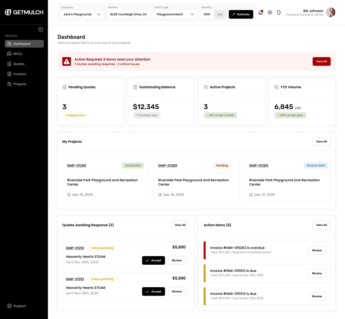 GetMulch.com client dashboard showing pending quotes, outstanding balance, active projects and year to date volume