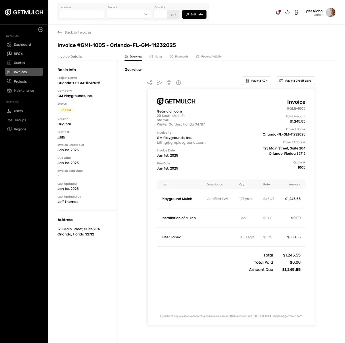 Invoice detail in the GetMulch.com platform with line items and ACH or credit card payment