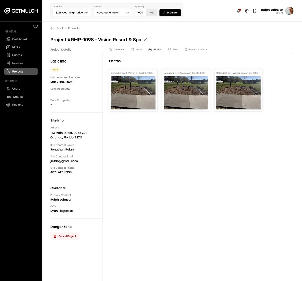 Project photos tab in the GetMulch.com platform showing dated completion photos uploaded by the crew