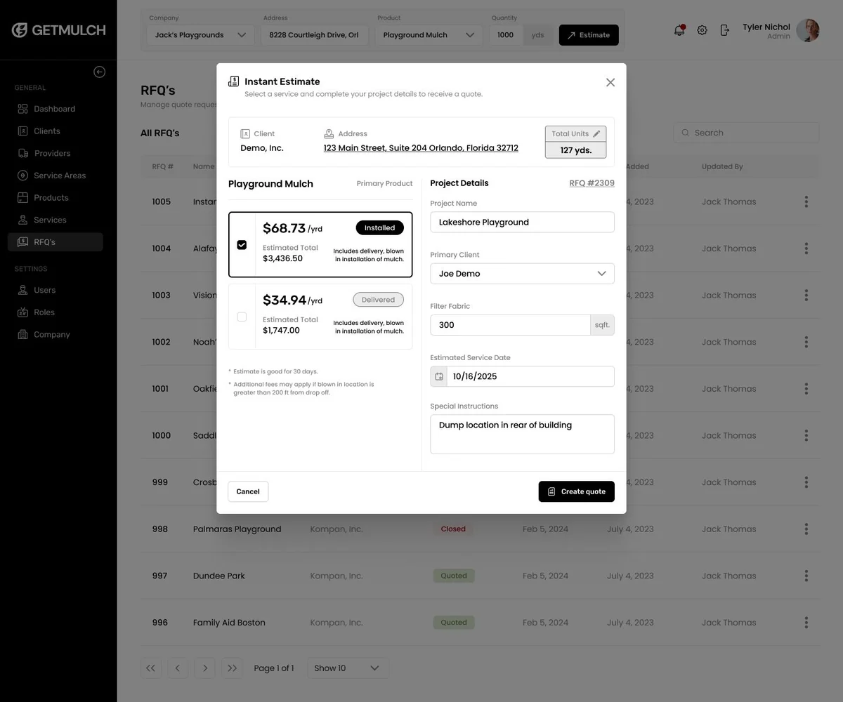 Instant Estimate modal in the GetMulch.com platform showing installed and delivered rates side by side