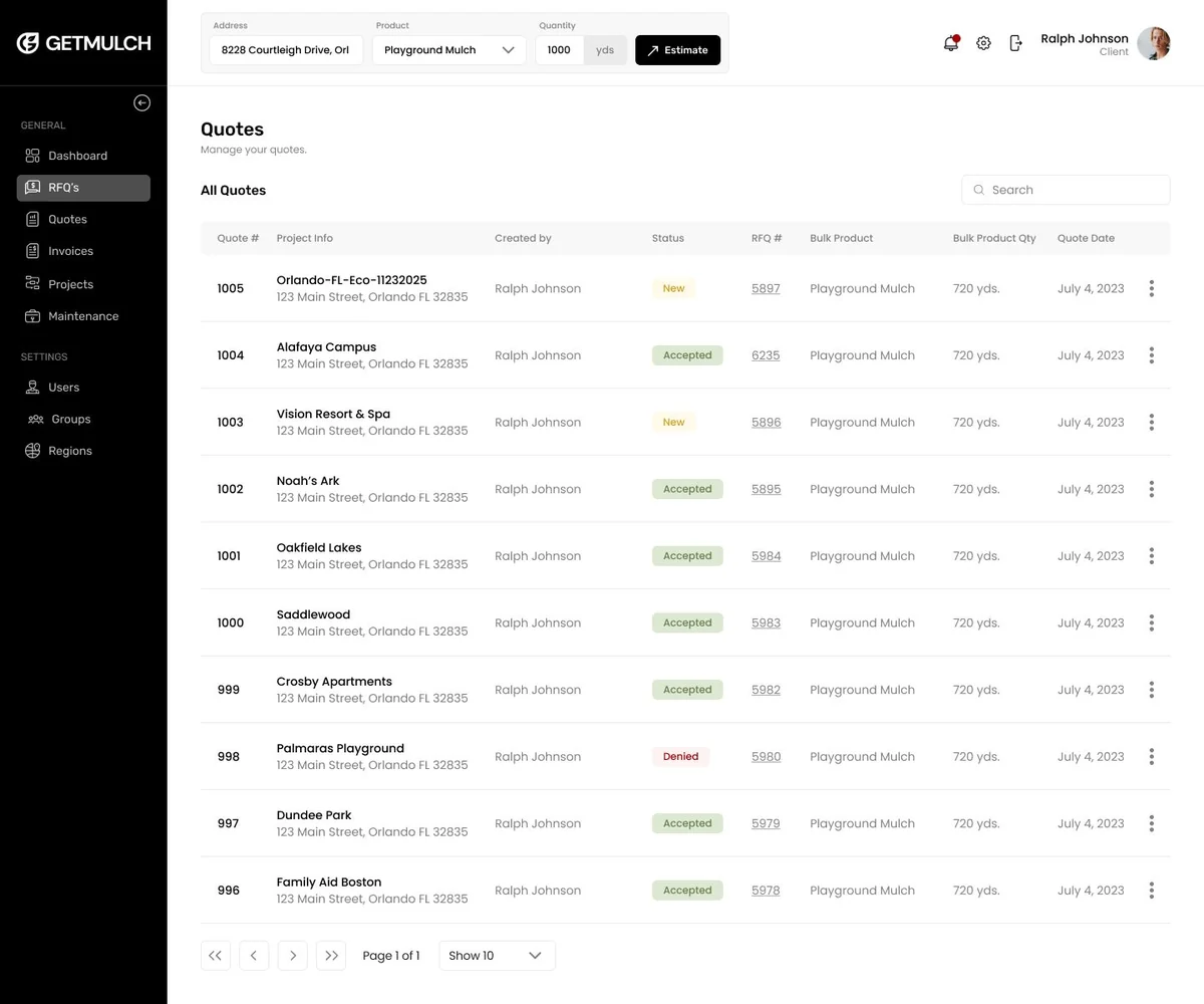 Quote list in the GetMulch.com platform linking each quote back to its RFQ number