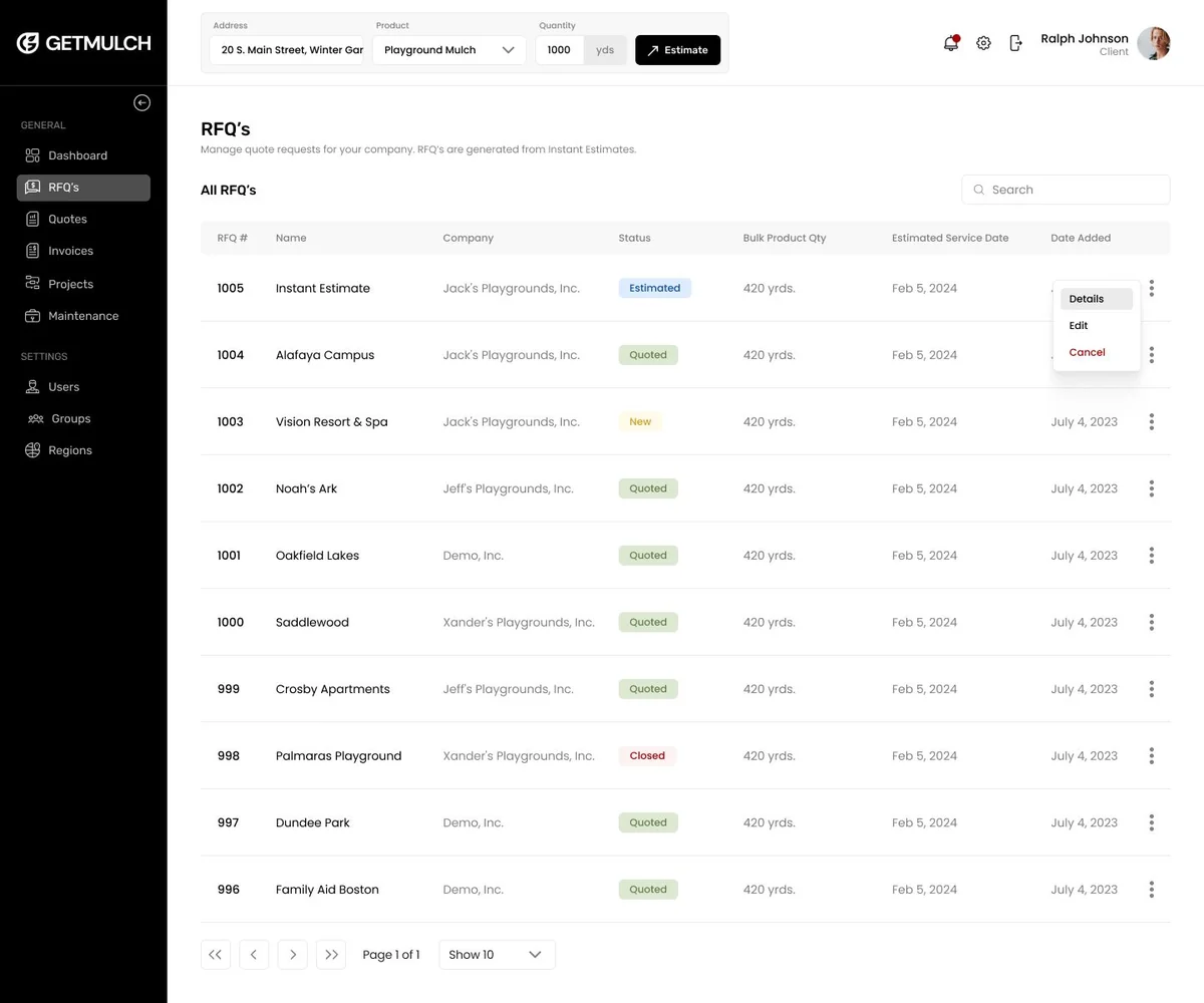 RFQ list in the GetMulch.com platform with status, quantity and estimated service date columns